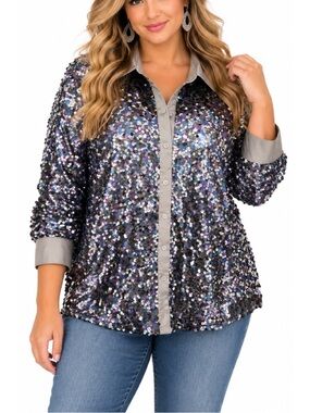 Lilypad Dark Gray Sequin Button-Up Top- size 1xl